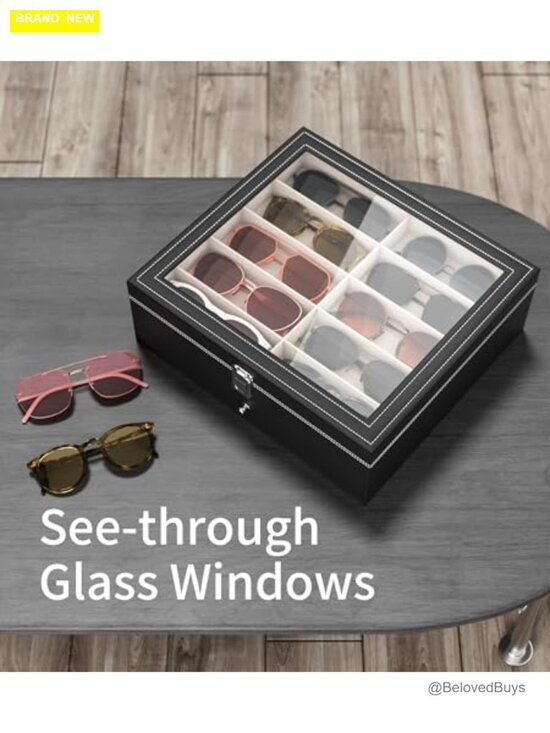 20 Slot Sunglass Organizer with UV-Blocking Lid, PU Leather & Velvet